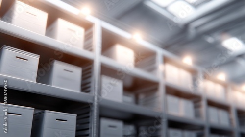A storage room with neatly arranged plastic drawers on shelves, showcasing organization, minimalism,