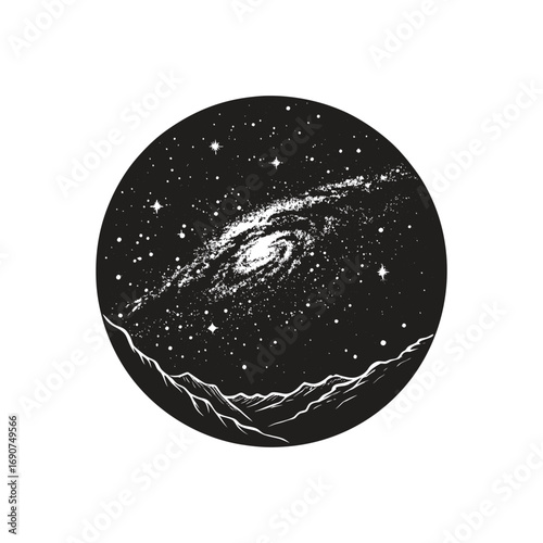 Spiral galaxy and starry night sky over mountain range Keywords: galaxy, space, with Vector Design