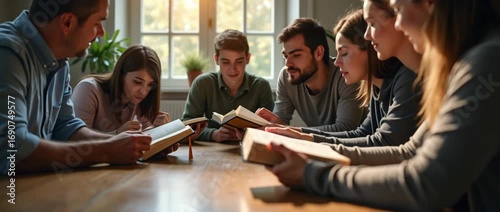 Christian Friends Group Studying the Bible Together at Home: A Sunday School Concept with Prayer and Fellowship in Focus