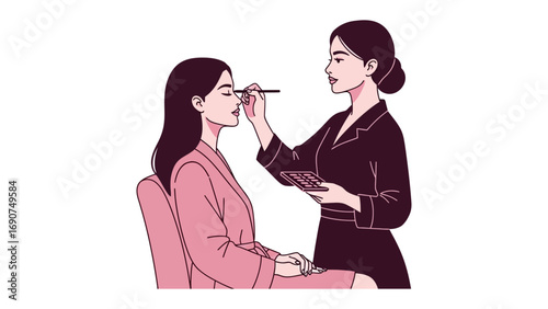 Professional makeup artist applying cosmetic products to a woman s face with a brush in a beauty salon setting