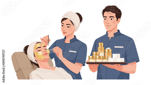 Skilled beautician applying a facial mask to a relaxed client while a male assistant holds a tray of skincare products in a serene spa setting