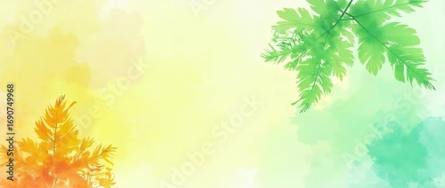 Vibrant watercolor texture featuring a splash of tropical colors including greens, yellows, and oranges, evoking a lively feel in Photo Stock Concept with empty space on the left.