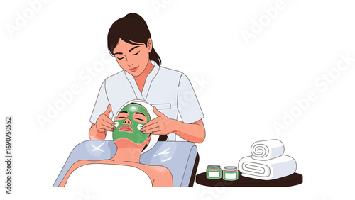 Skilled aesthetician applying a vibrant green algae facial mask to a client s face in a serene spa treatment room for rejuvenation and skincare