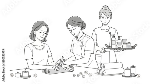 Three women in a beauty salon setting one receiving a manicure another performing it and a third holding a tray of beauty products