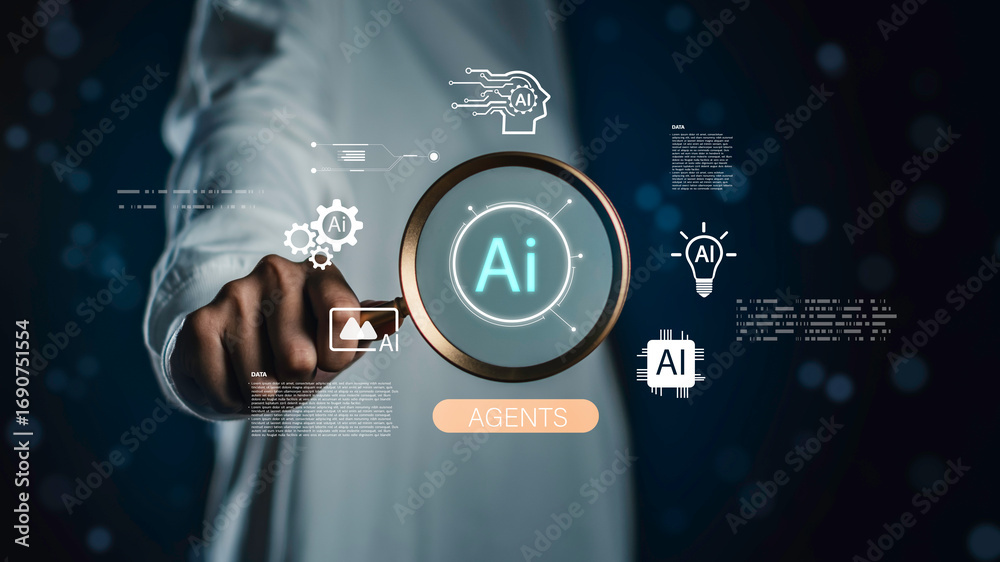 Fototapeta premium AI agents driving data-driven exploration, intelligent automation, and digital innovation for business transformation, smart analytics, and future technology solutions.