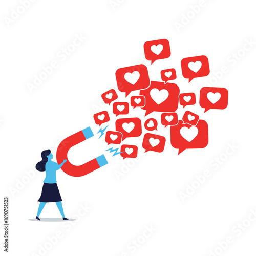 Attracting audience engagement with a giant magnet drawing social media likes and hearts illustration
