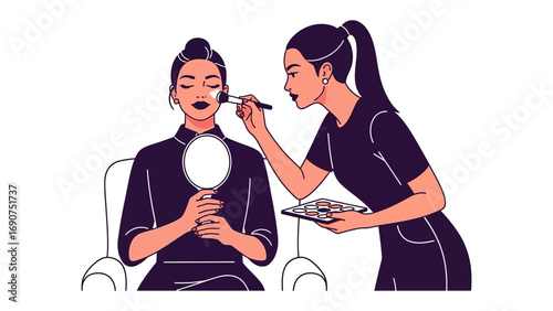Skilled makeup artist applying cosmetics to a woman holding a mirror creating a beautiful look