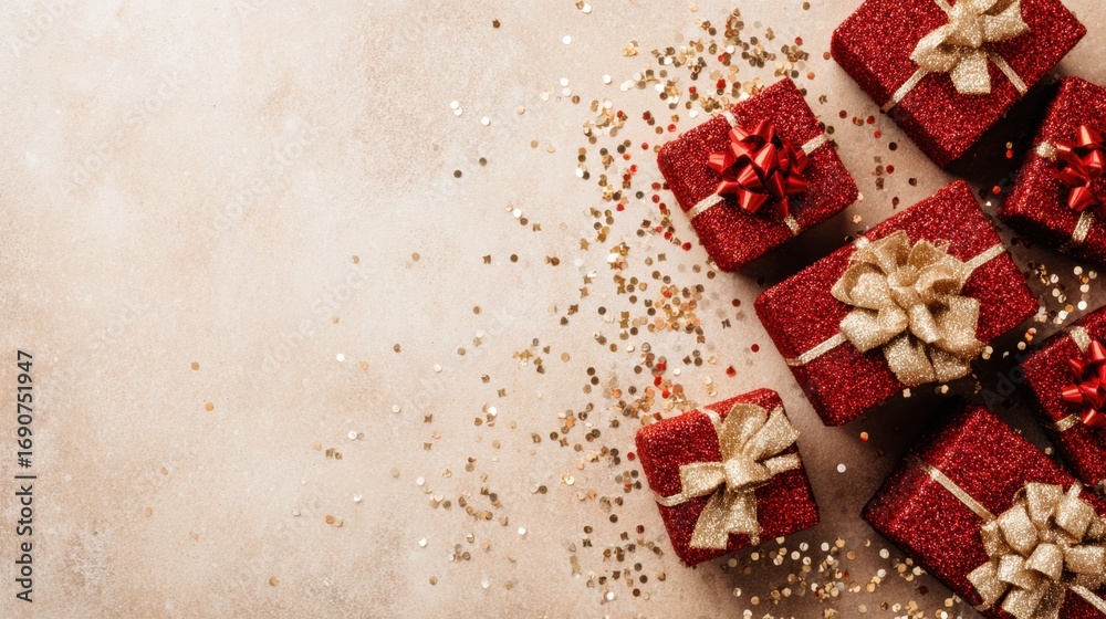 Obraz premium Festive Red Gift Boxes with Gold Ribbons on Sparkling Background