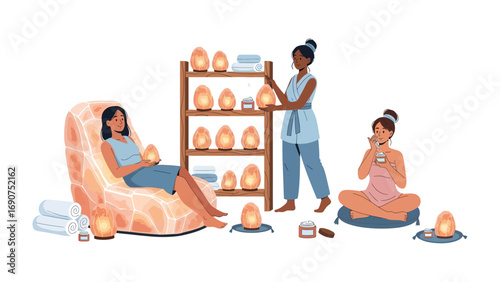 Relaxed woman in salt chair with glowing himalayan salt lamps and therapist assisting another woman in meditation