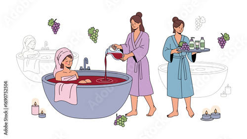 Relaxing spa scene with a woman in a bathtub another pouring liquid and a third serving drinks and grapes promoting wellness and rejuvenation