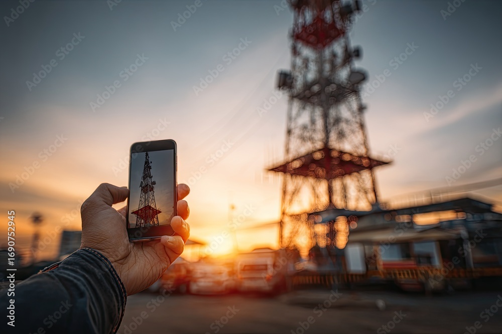 Naklejka premium Mobile phone capturing sunset view of telecommunication tower