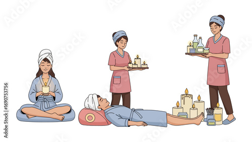 Relaxing spa scene with women receiving treatments and therapists providing services and products for wellness and beauty
