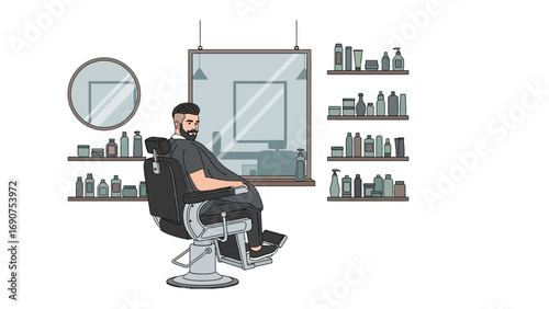 Stylish man with beard sits in a classic barber chair in a modern salon with shelves full of hair products and mirrors