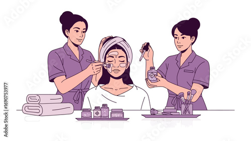 Two skilled aestheticians apply luxurious skincare products and serums to a woman s face during a relaxing spa treatment session