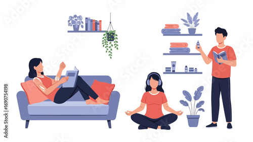 Diverse group of people enjoying relaxing activities at home including using a laptop meditating and reading a book in a cozy living room