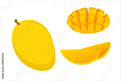 Simple illustration of a whole mango and sliced pieces. Ideal for tropical or food themes.