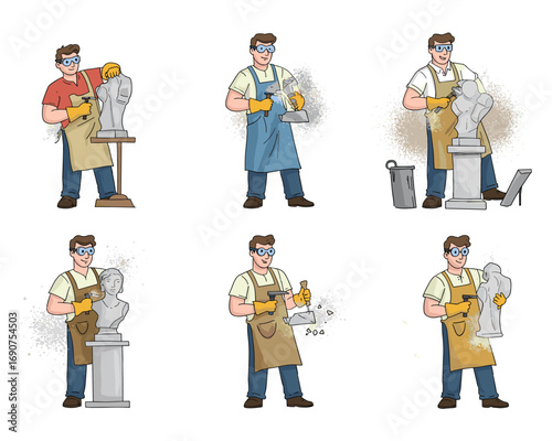 sculpture process illustration, artist working, statue creation steps, chiseling, polishing, bust making, studio tools, safety gear