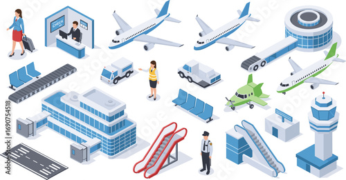 Isometric Airport Scene – Airplanes, Terminal, Control Tower, Vehicles, Staff, Passengers, Runway, Check-In Counter Vector Illustration Collection