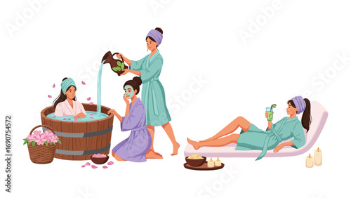 Relaxing spa day with women enjoying a warm bath massage and refreshing drinks in a serene and tranquil wellness retreat setting