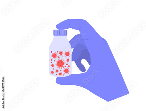 A hand holds a small bottle with illustrations of viruses.