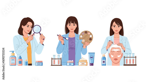 Three female scientists in lab coats examining skin and cosmetic products with magnifying glass and tools for research and development