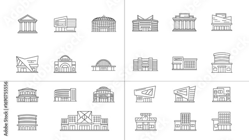 Architectural Building Line Icons – Museums, Malls, Government Structures, Urban Landmarks, Commercial Properties, Modern Design Vector Collection for Designers