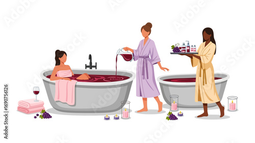 Three women enjoying a luxurious wine spa experience with wine baths and refreshing drinks served in a serene and relaxing atmosphere