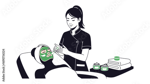 Professional aesthetician applying a vibrant green facial mask to a client lying on a spa bed during a relaxing skincare treatment session