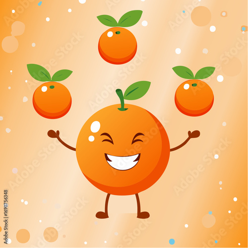 Funny cartoon orange juggling oranges with a happy face and leaves, on a vibrant orange background with bokeh effect, playful and cheerful illustration