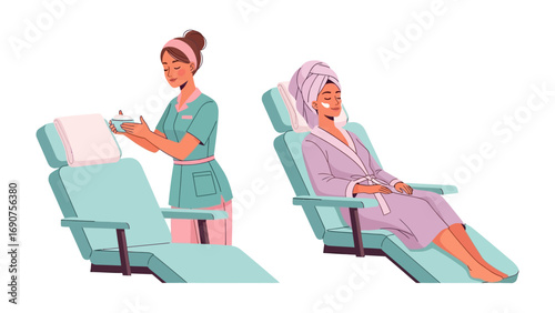 Young female aesthetician in uniform applying facial serum to a smiling elderly woman in a spa treatment chair with a towel on her head