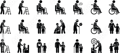 Elderly Care and Interaction Pictogram Set Showing Seniors with Walkers, Wheelchairs, Children, and Supportive People in Black and White
