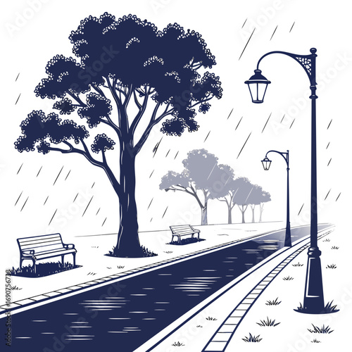 A serene park scene with a wet pathway benches and trees under a gentle rainfall and streetlights