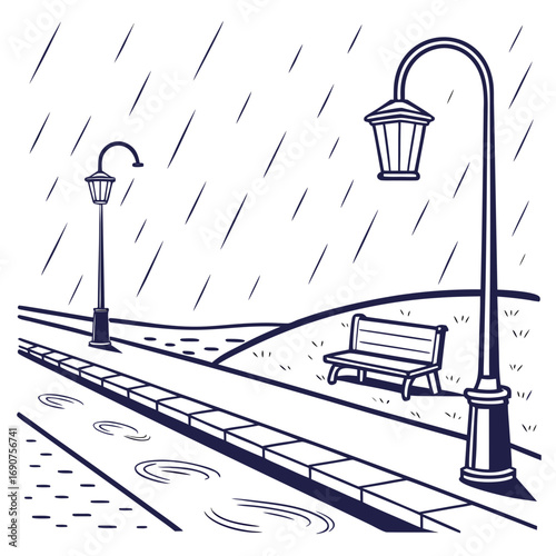A solitary park bench and lamppost stand under a heavy downpour on a wet pavement