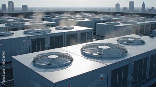 A sprawling network of commercial rooftop HVAC units efficiently expels warm air, highlighting essential climate control infrastructure against a distant urban skyline.