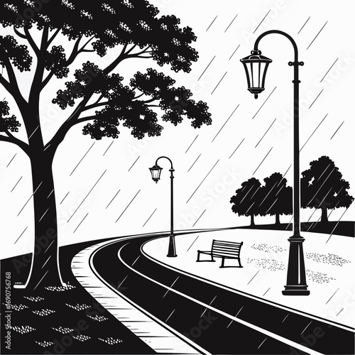 A solitary park bench awaits under a large tree and lampposts on a rainy day