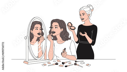 Young woman applying lipstick in a mirror with a friend watching and holding makeup creating a glamorous look for an event or everyday beauty routine