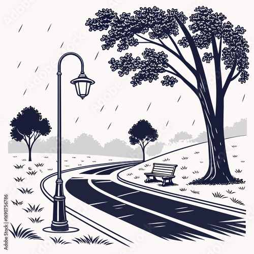 A solitary park bench awaits under a large tree on a rainy day beside a winding path and lamppost