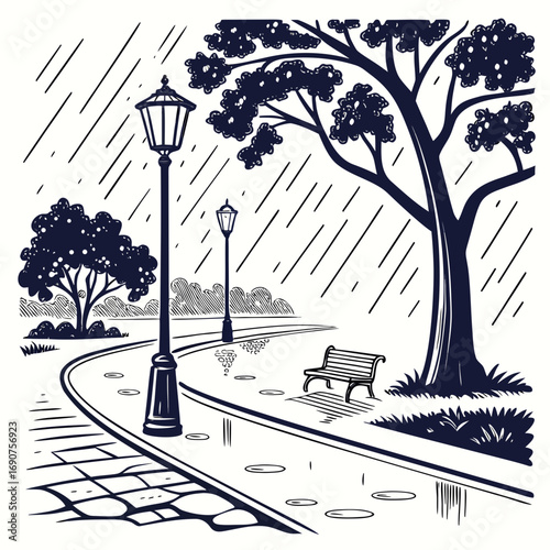 A solitary park bench sits under a large tree on a rainy day with lampposts and puddles