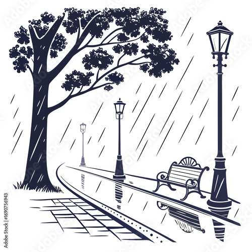 A solitary park bench sits under a large tree with streetlights illuminating a rainy day scene