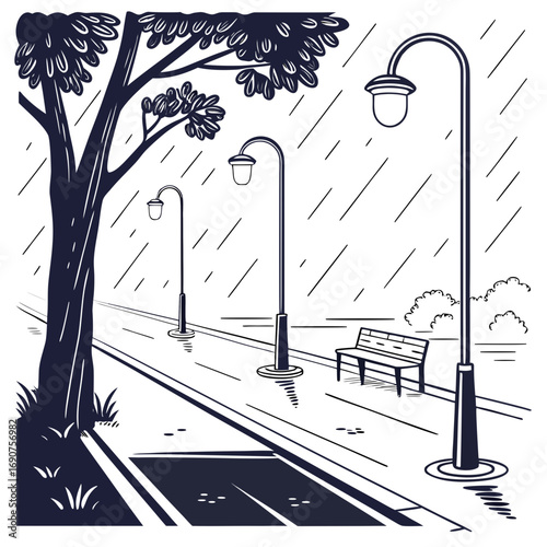 A solitary park bench sits under a street lamp on a rainy day with a large tree nearby
