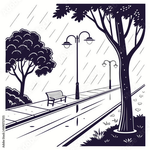 Empty park bench and streetlights on a rainy day with reflections on wet pavement