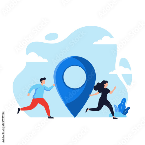 People running towards giant blue location pin and dynamic abstract shapes representing navigation and discovery
