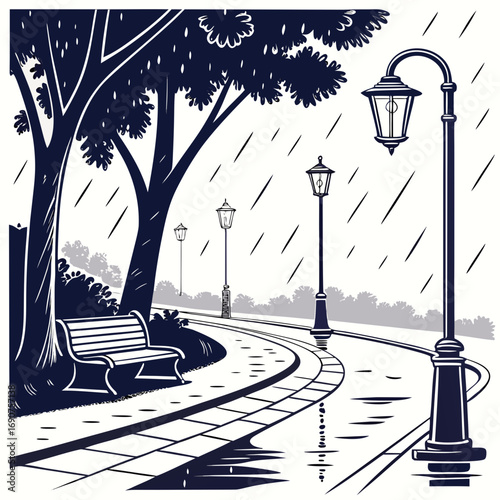 Empty park bench under a tree with streetlights on a rainy day with puddles on the path