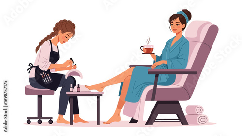 Young woman relaxing in a comfortable chair receiving a professional pedicure treatment from a nail technician