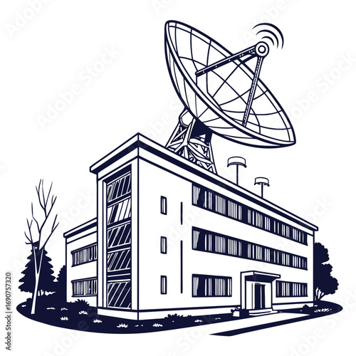 Modern communication building with large satellite dish antenna on the roof receiving signals