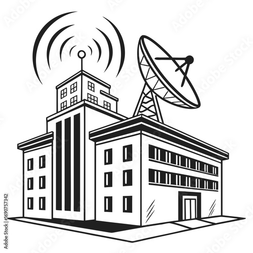 Modern communication building with satellite dish and radio waves emanating from antenna