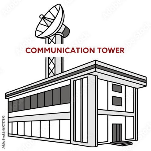 Modern communication tower building with satellite dish for broadcasting and signal transmission