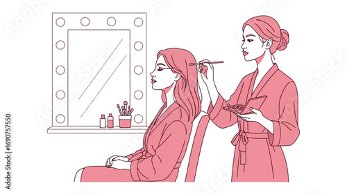 Elegant woman applying makeup in a dressing room with a vanity mirror and beauty products