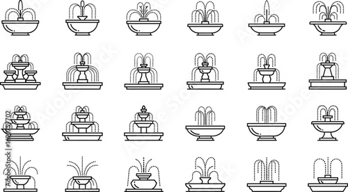 Black and White Fountain Icon Set Featuring Tiered, Jet, and Basin Designs for Architecture, Landscape Planning, and Decorative Concepts