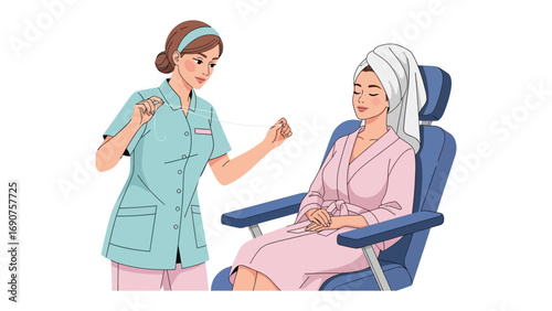Professional aesthetician in uniform consulting with a client seated in a spa chair after a beauty treatment